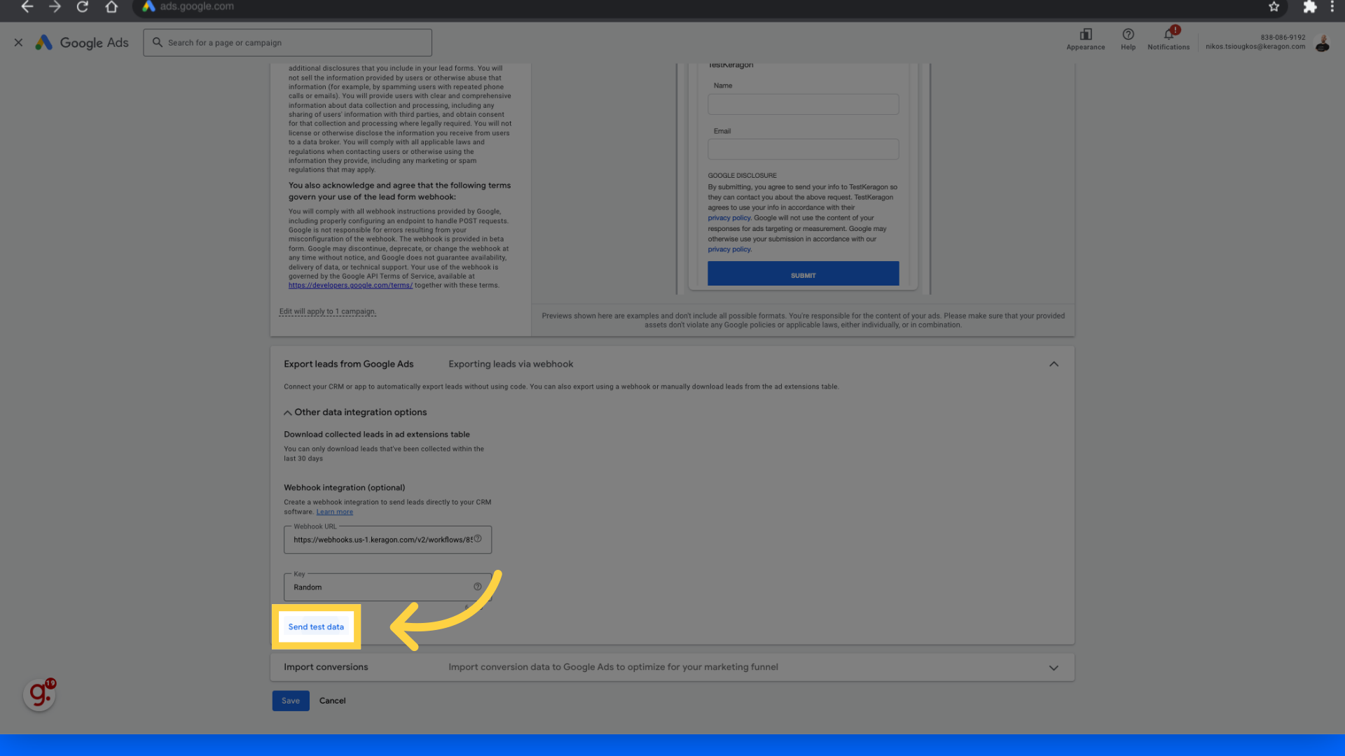 Send test data