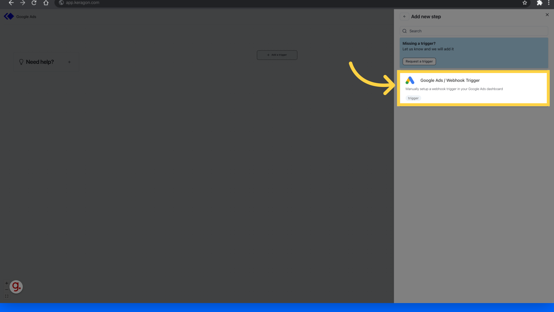 Click 'Google Ads / Webhook Trigger'