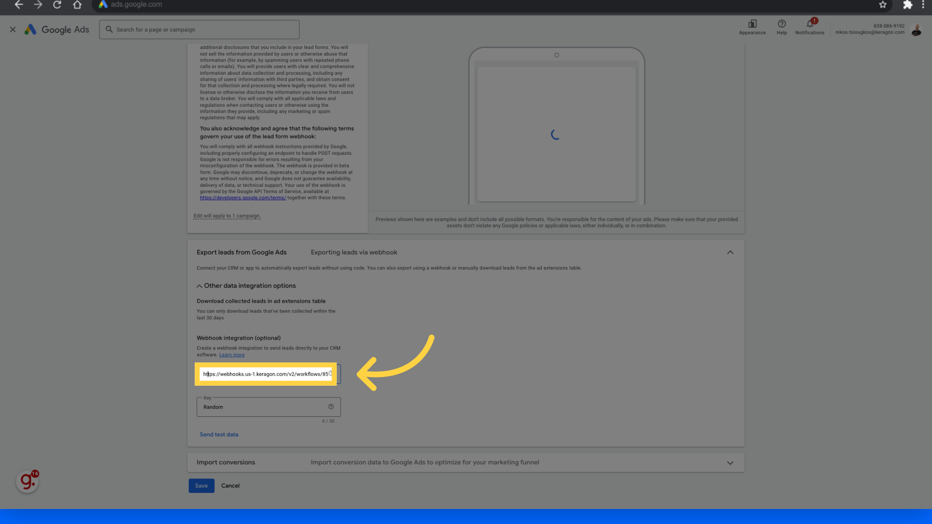 Paste copied webhookURL