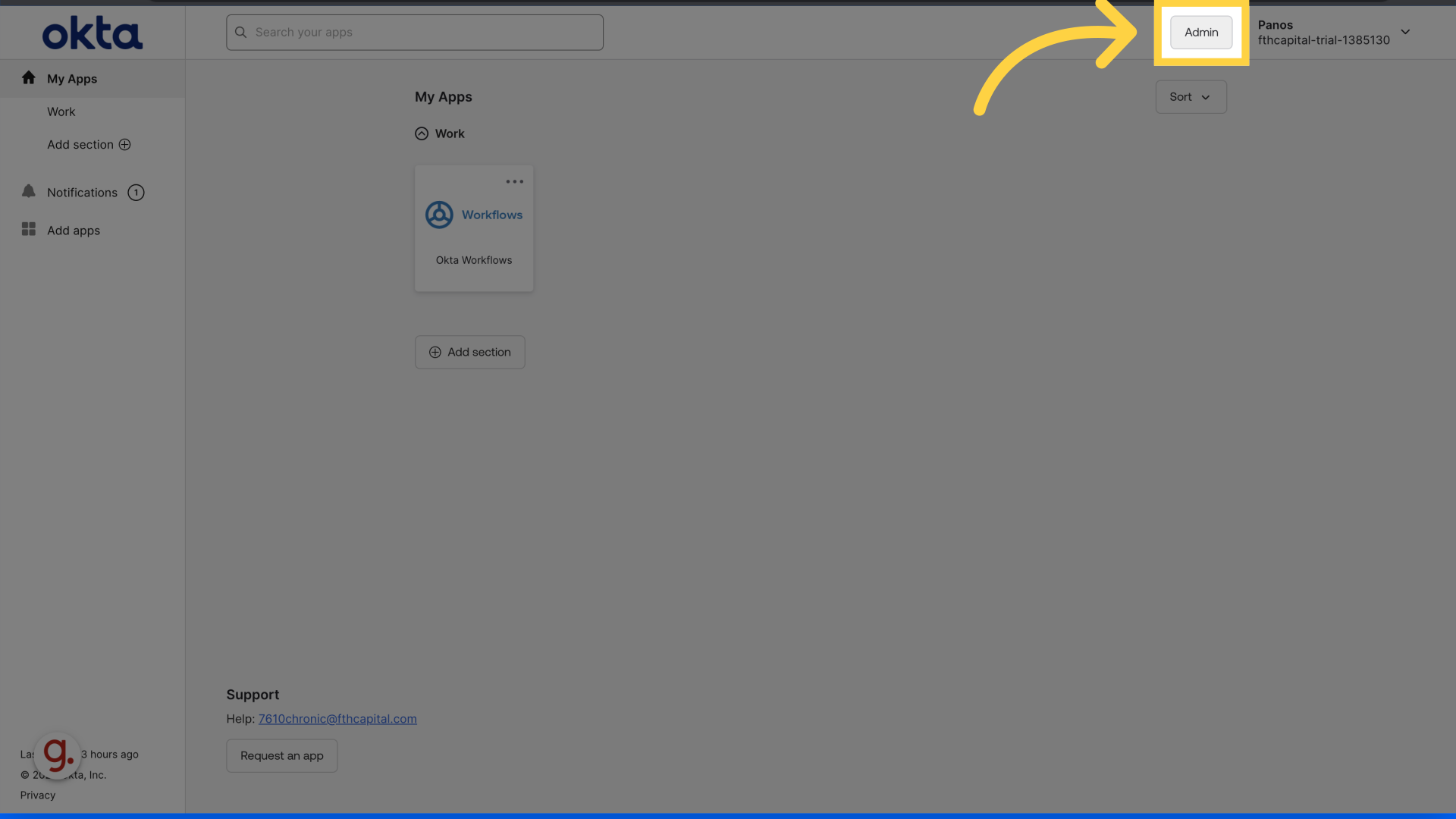 Click 'Admin' to head to the Admin dashboard of Okta.