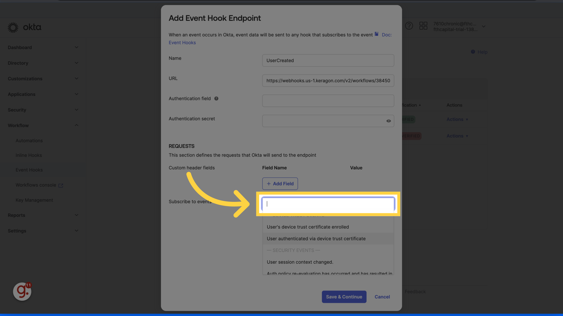 Select the events that will trigger the webhook