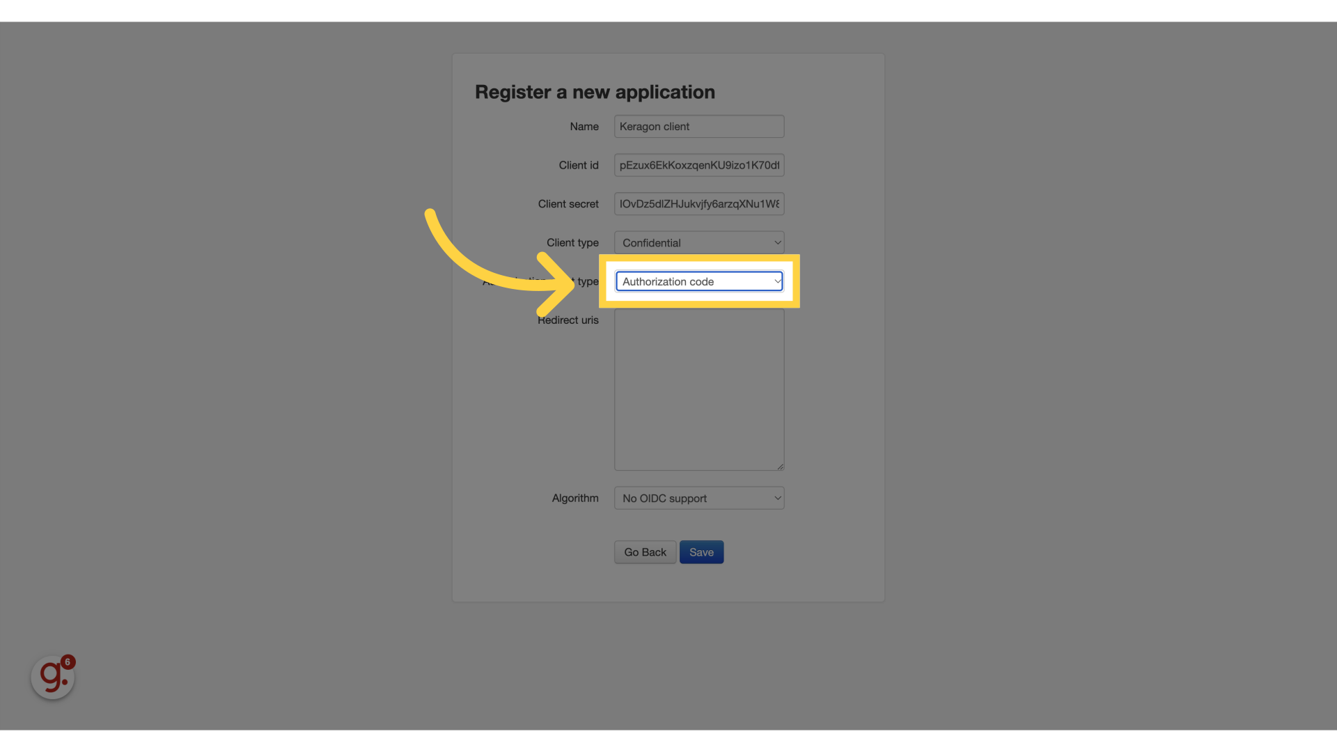 Select 'Authorization code'