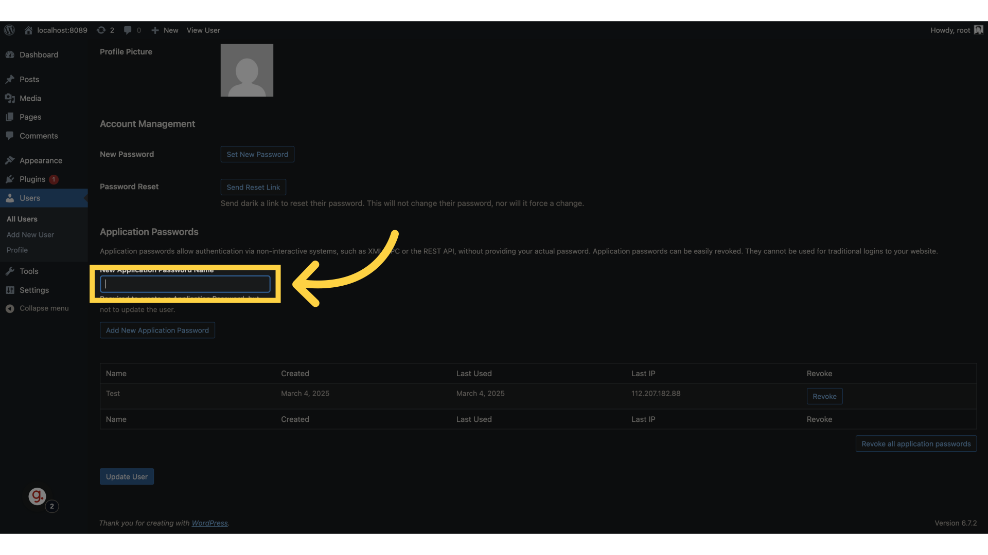 Click 'New Application Password Name'