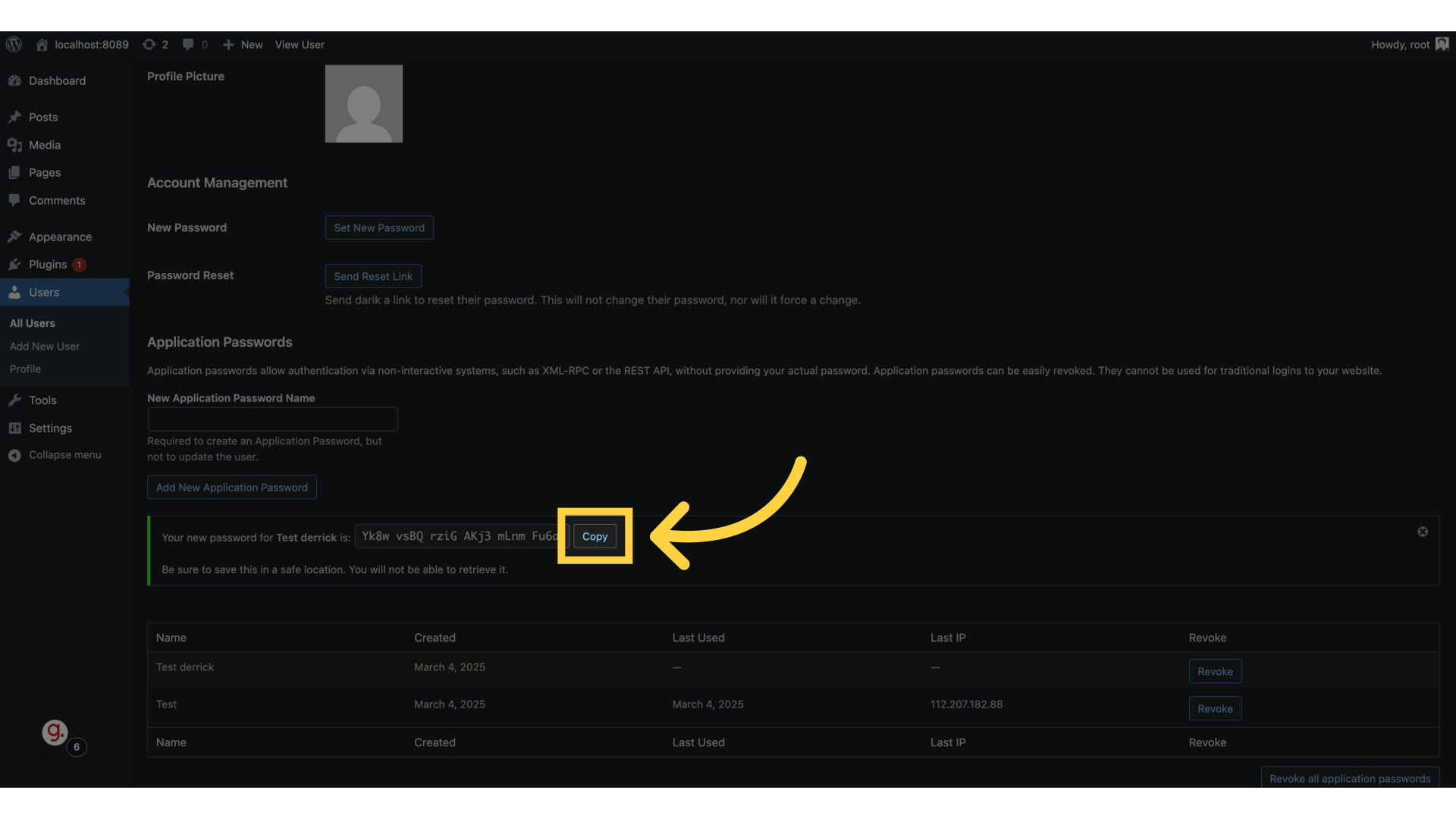 Copy the generated password