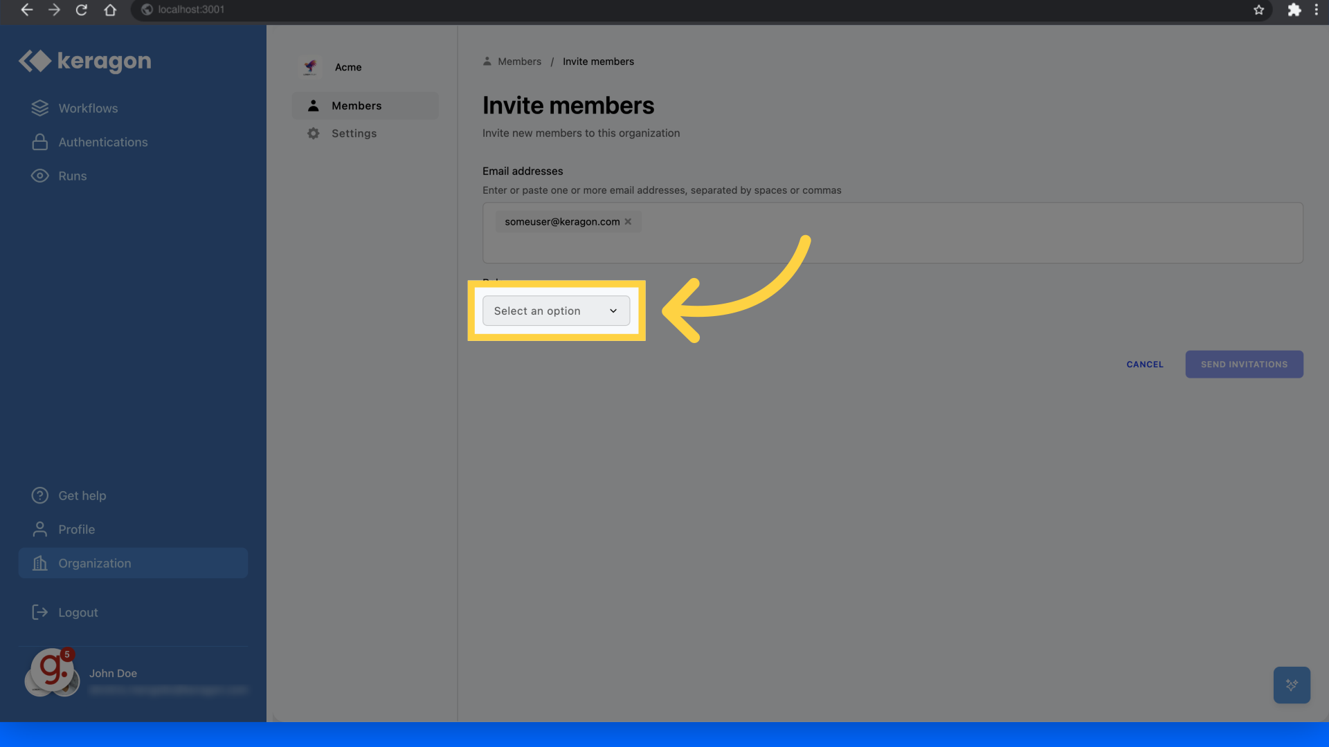 Assign appropriate role by clicking 'Select an option'