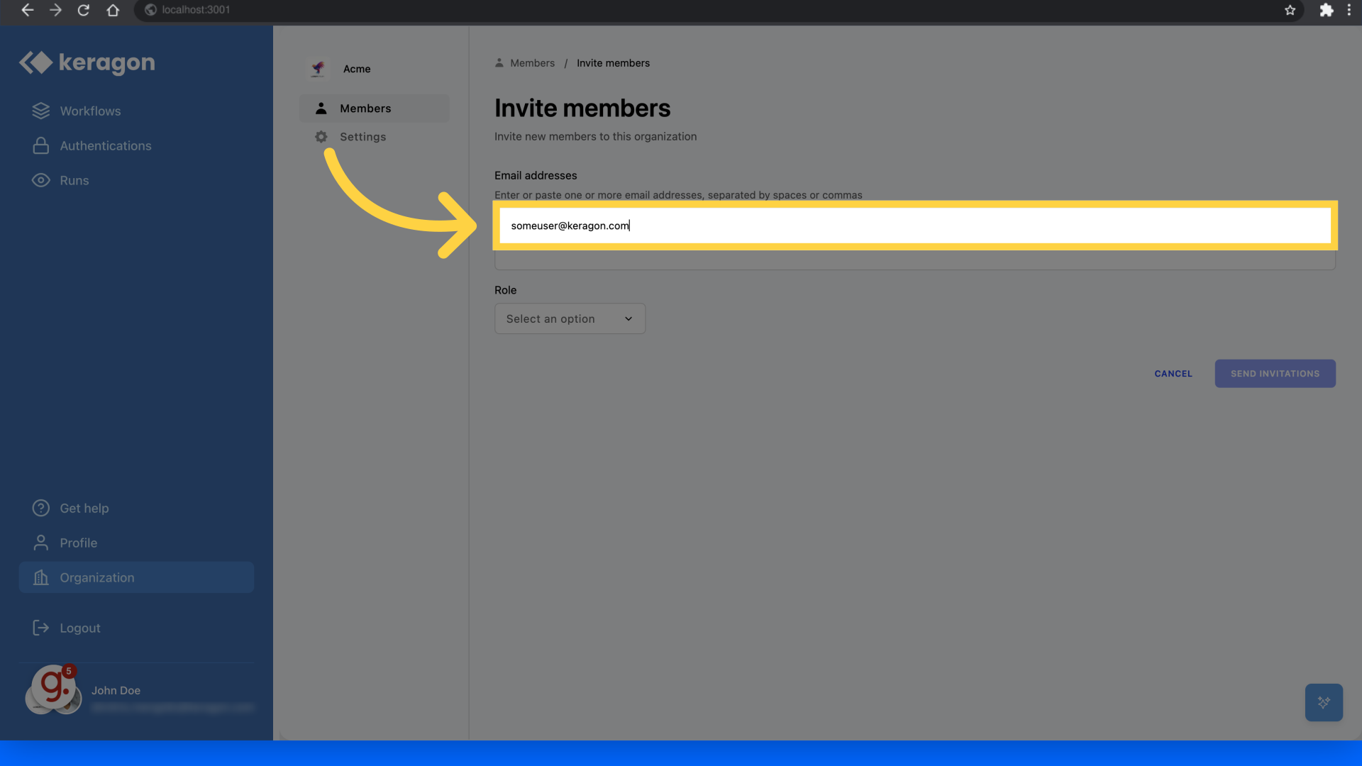 Fill in the email of the user you want to invite