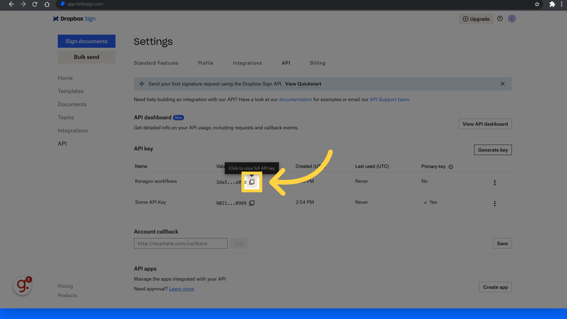 Copy create key and paste in Keragon dashboard