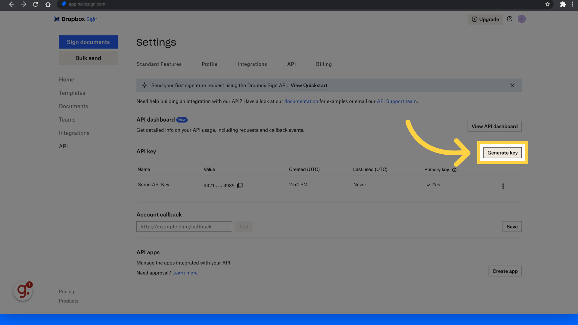 Click 'Generate key'
