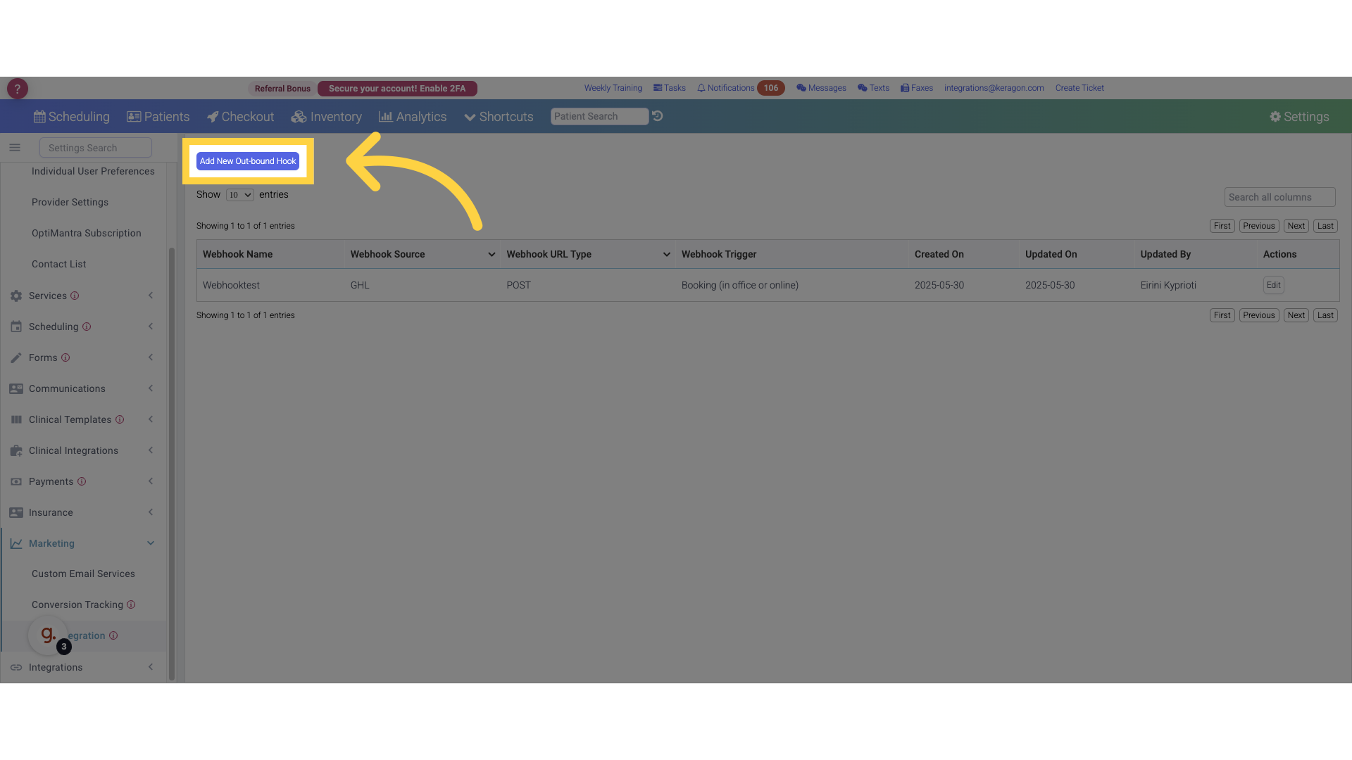 Click 'Add New Out-bound Hook'