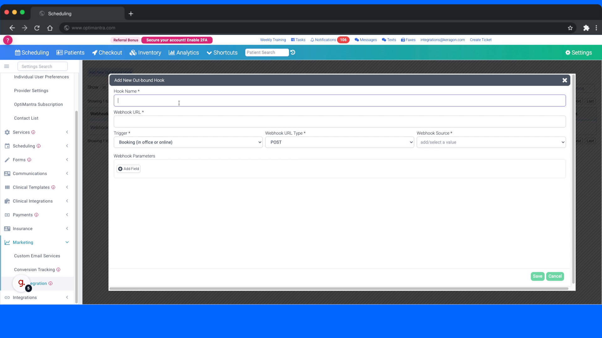 Specify any webhook name in the Hook name field