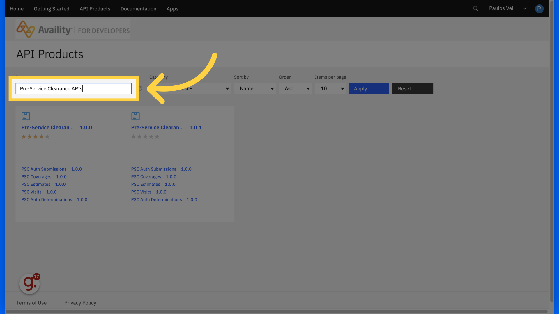 Search for 'Pre-Service Clearance APIs'