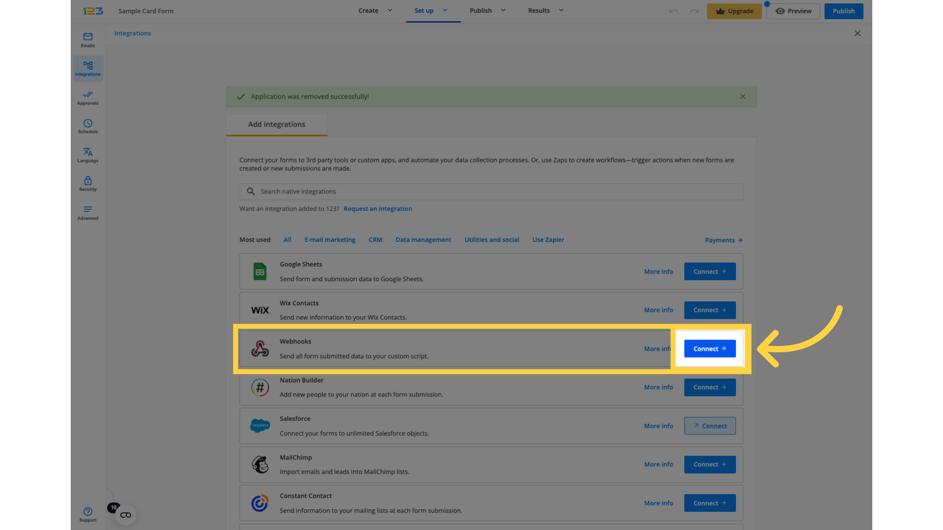 Click 'Connect' on Webhooks