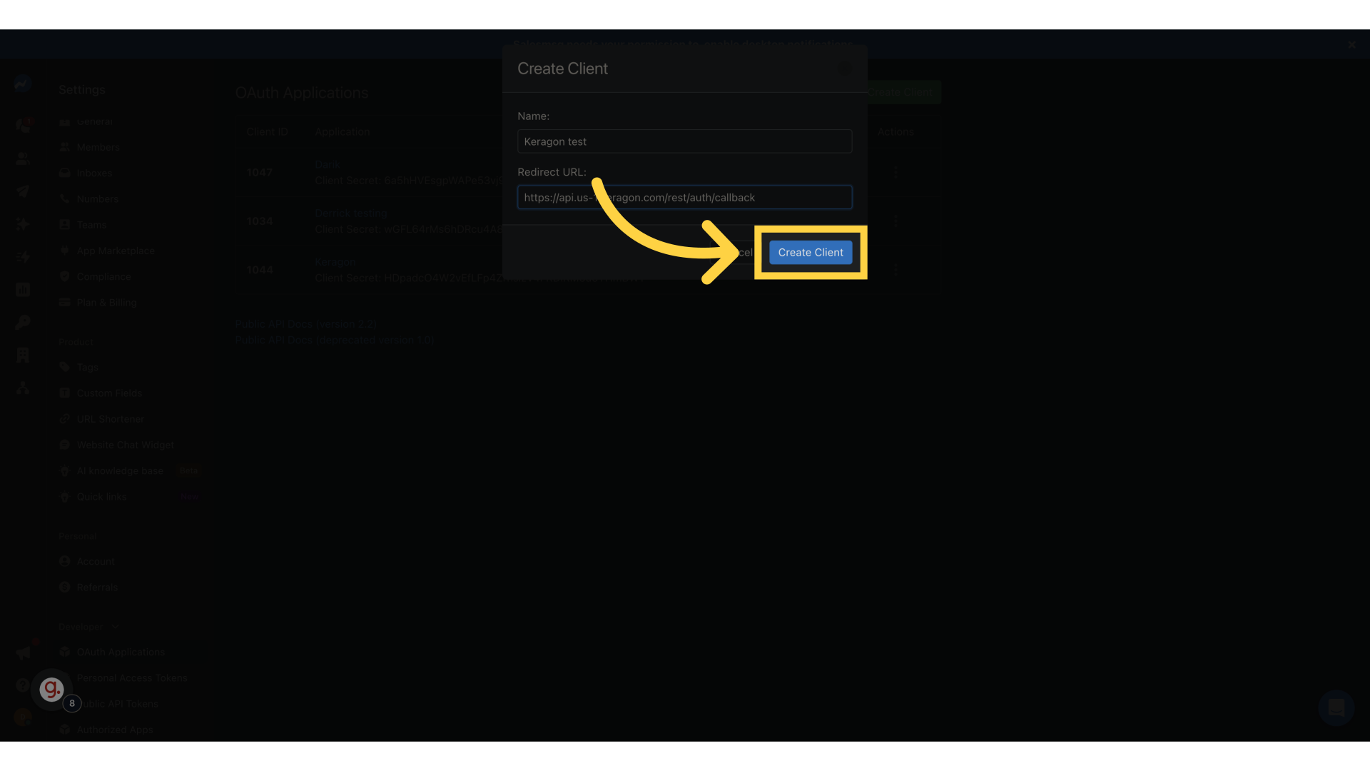 Click 'Create Client'