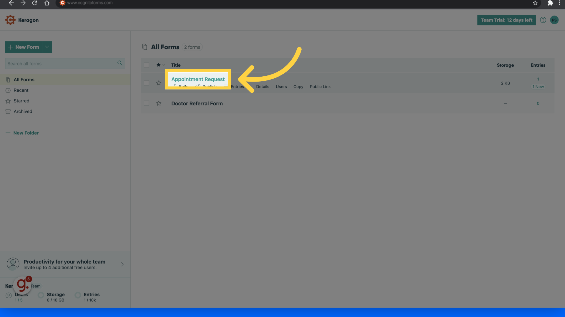 Click on the form name