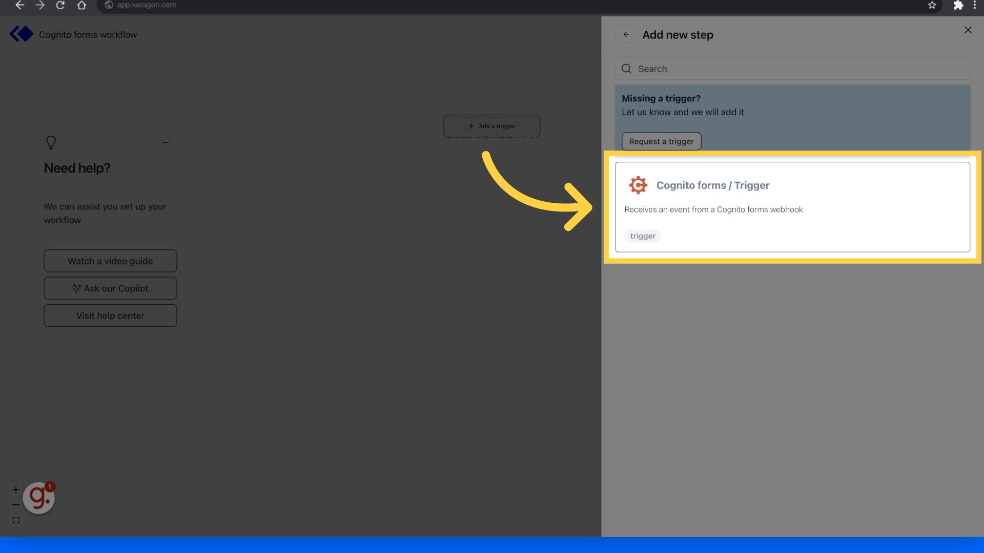 Click 'Cognito forms / Trigger'