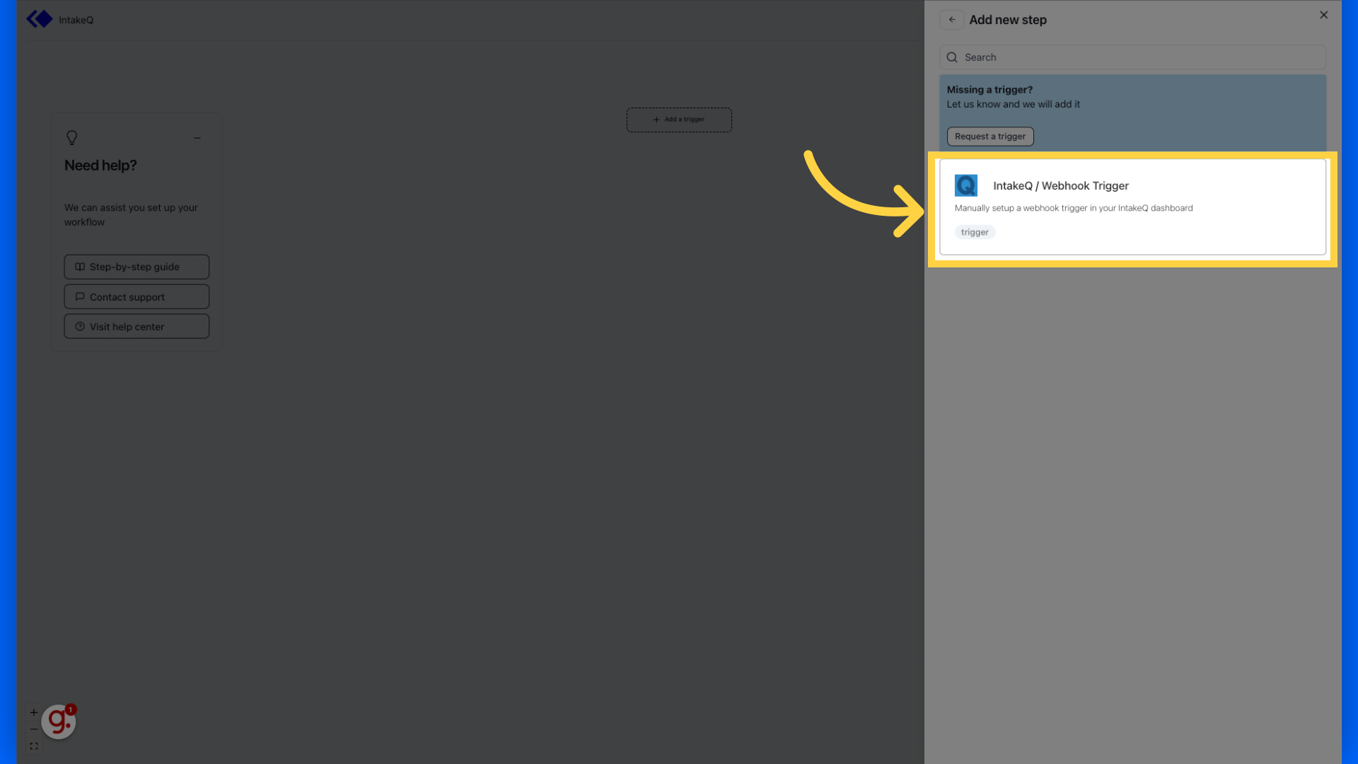 Click 'IntakeQ / Webhook Trigger'