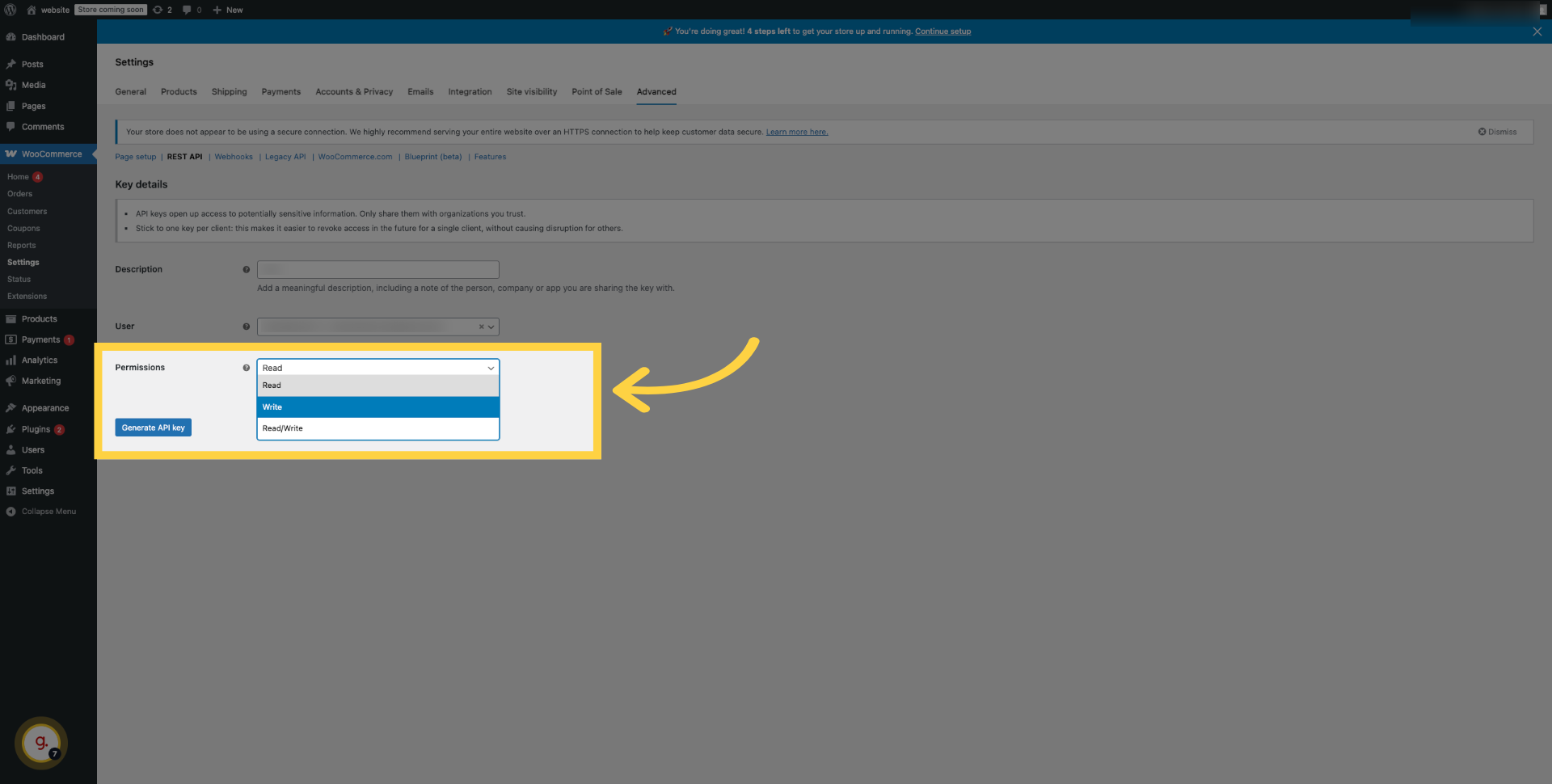 Select proper permissions for your keys