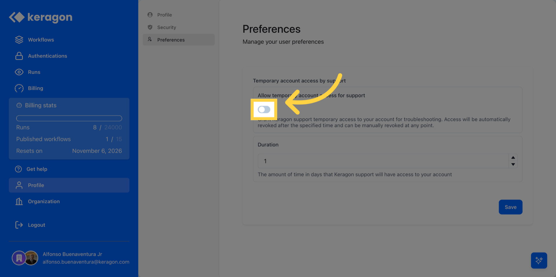Locate Temporary Access Setting