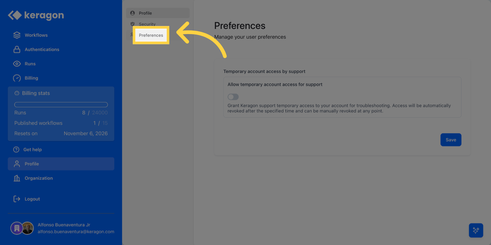 Access Preferences Section