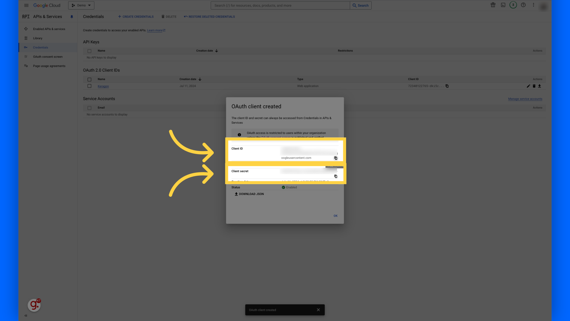 Copy your client ID and secret