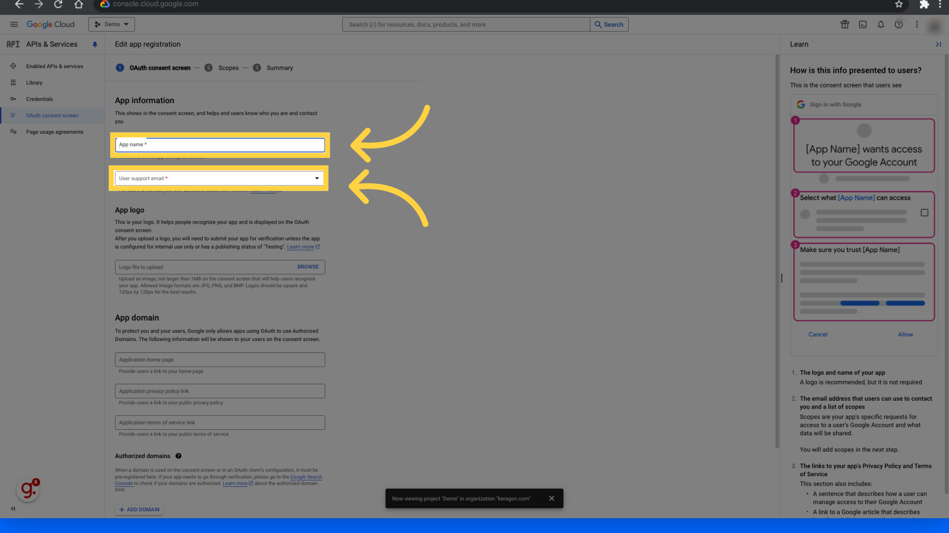 Fill app name and user support email