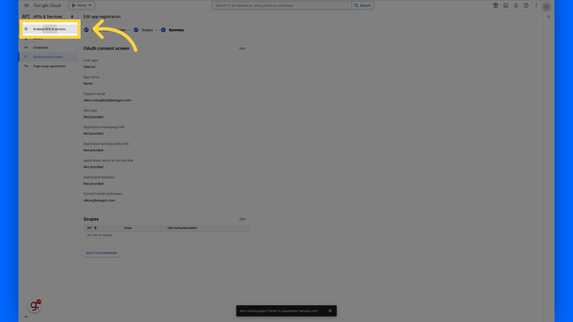 Click 'Enabled APIs & services'