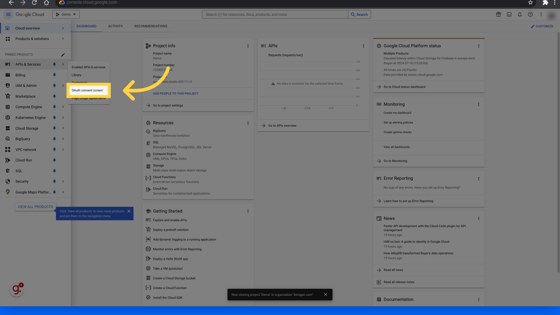 Click 'OAuth consent screen'