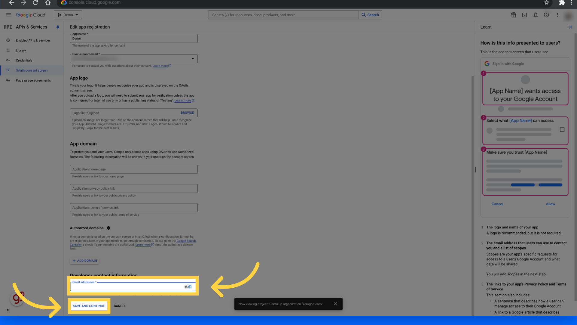 Fill developer email and click save and continue