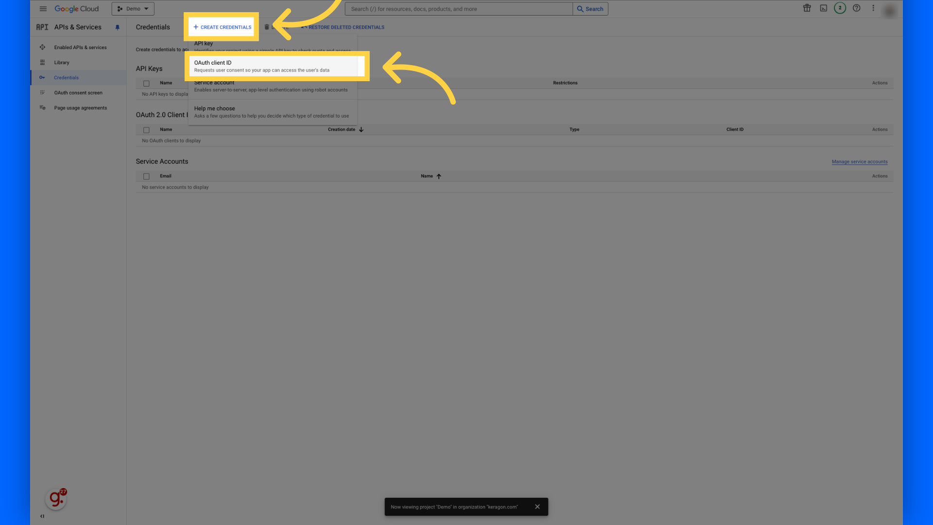 Click 'Create credentials' and select 'OAuth client ID'