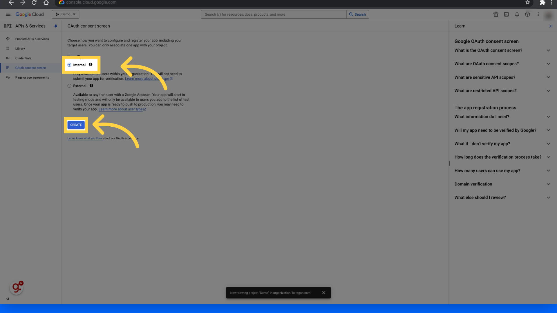 Select 'internal' and create