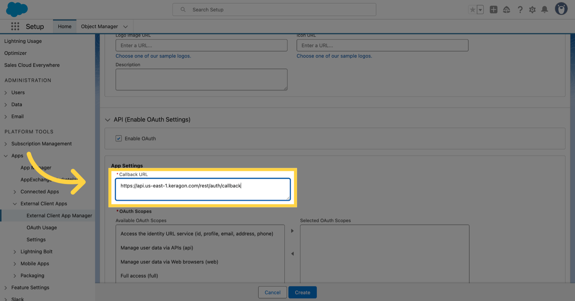 Enter 'https://api.us-east-1.keragon.com/rest/auth/callback' in the Callback URL