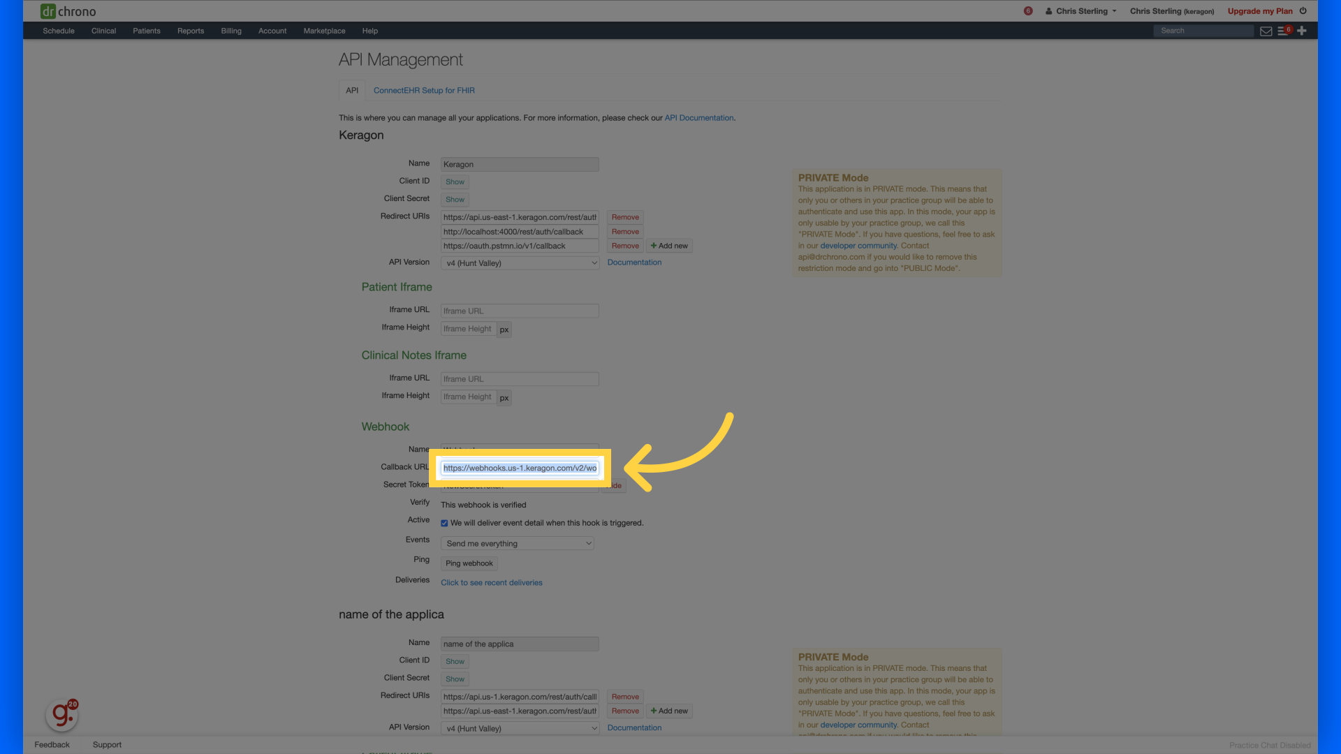 Paste copied webhookURL into 'Callback URL'