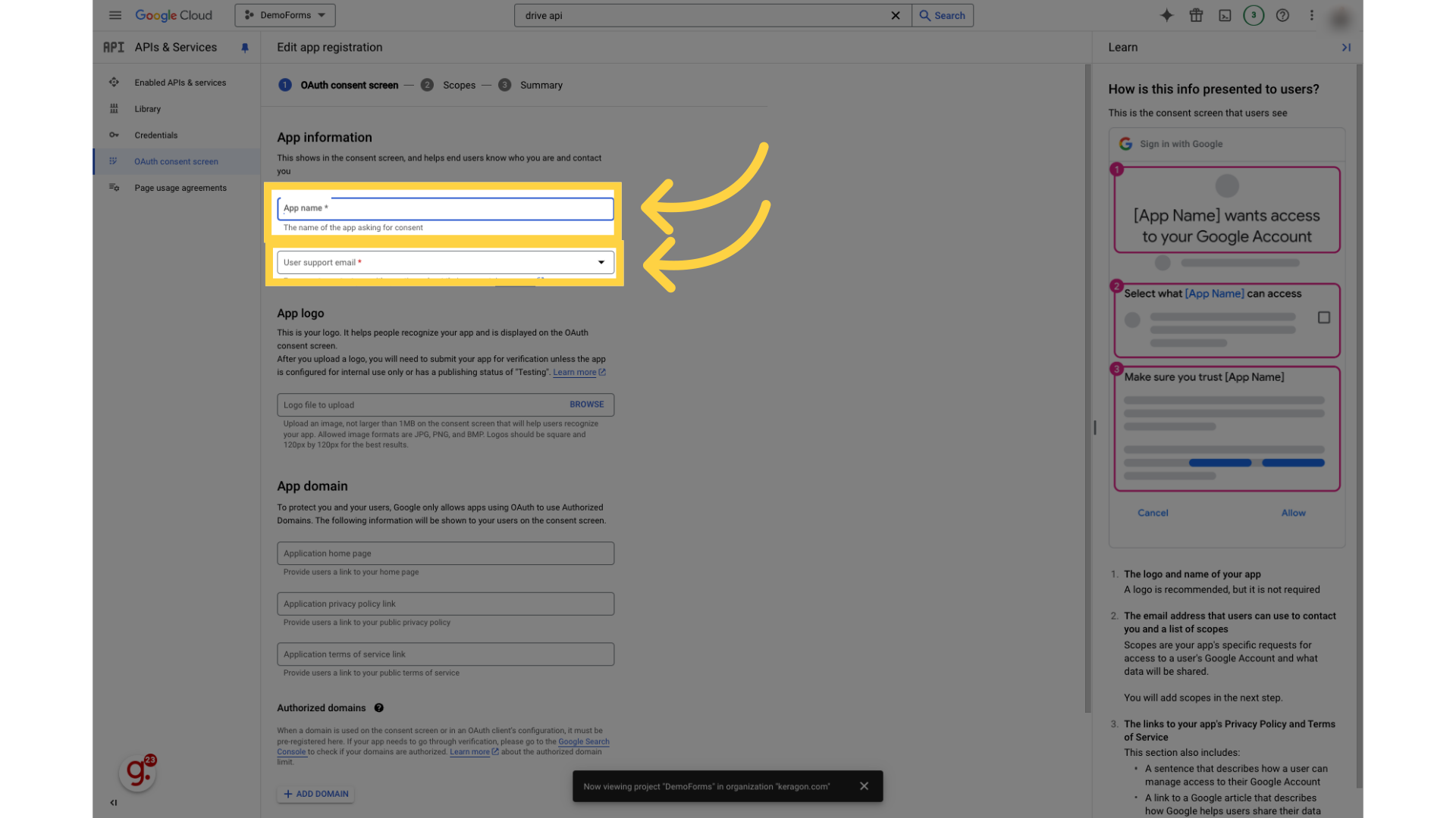 Fill App name and select user support email
