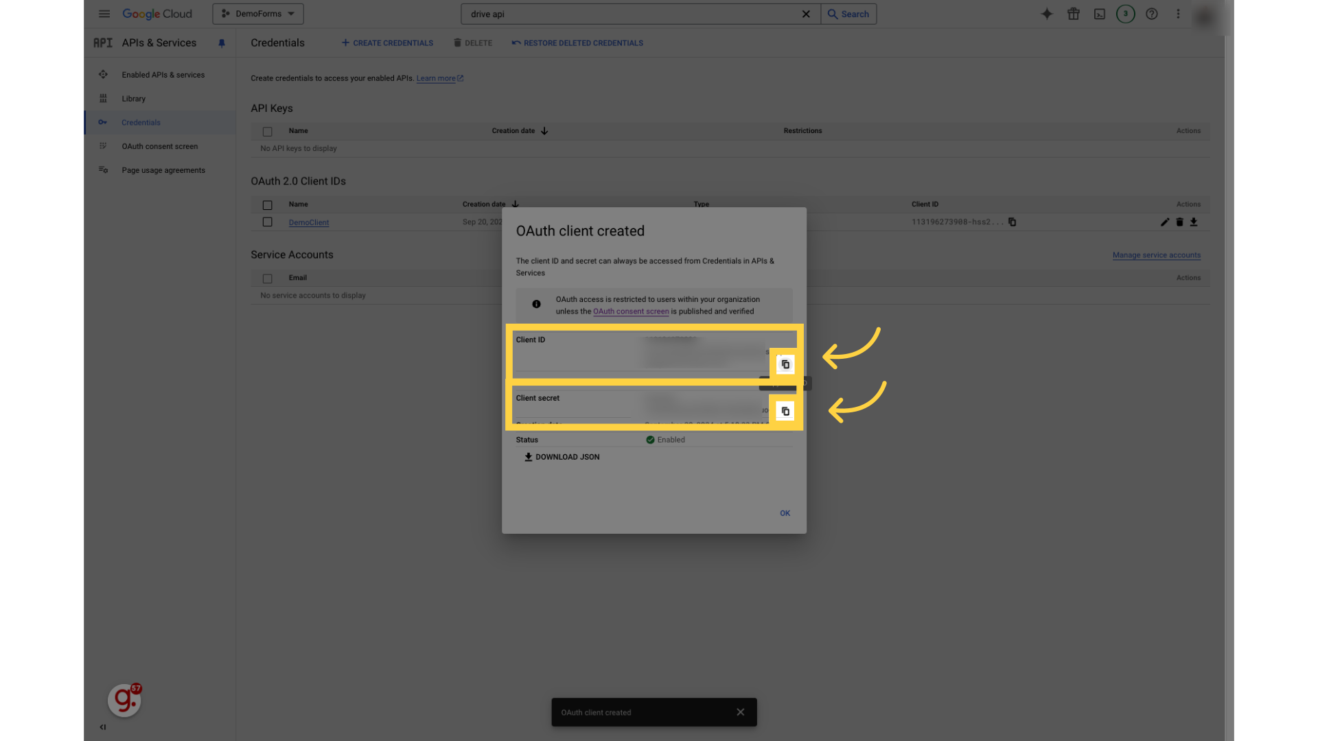 Copy your Client ID & secret