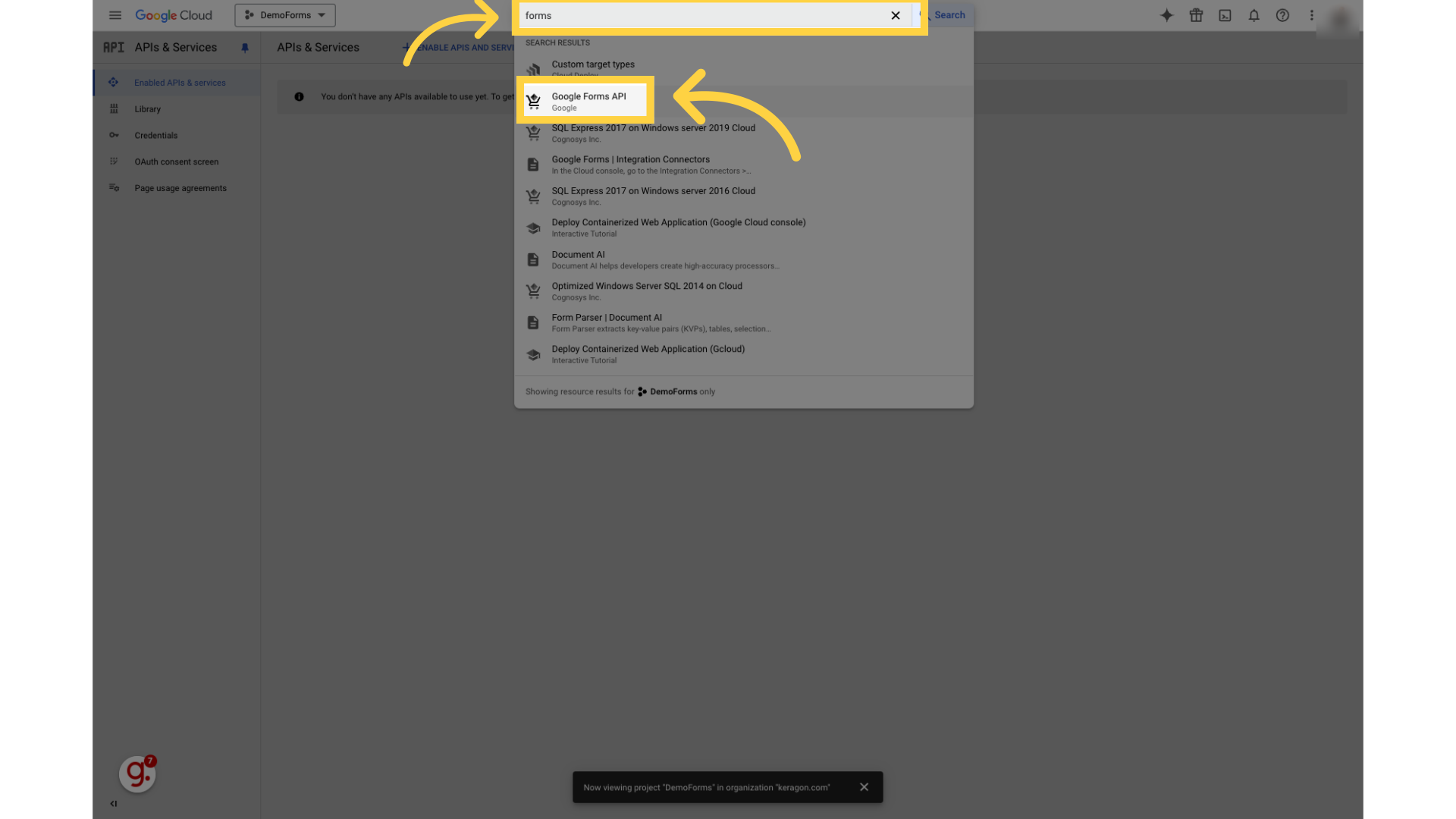 Search and click on 'Google Forms API'
