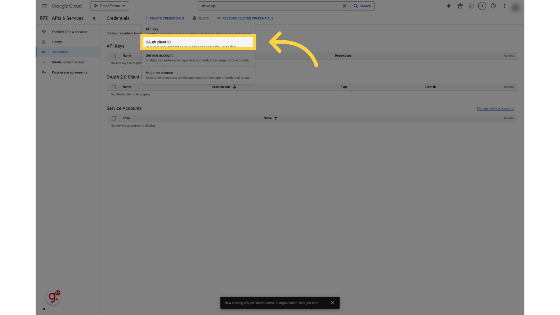 Click 'OAuth client ID'