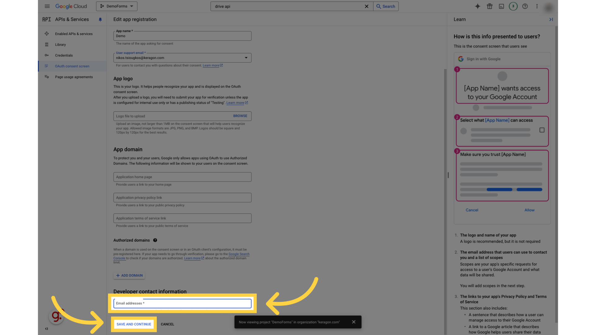 Fill developer email and click 'Save and continue'