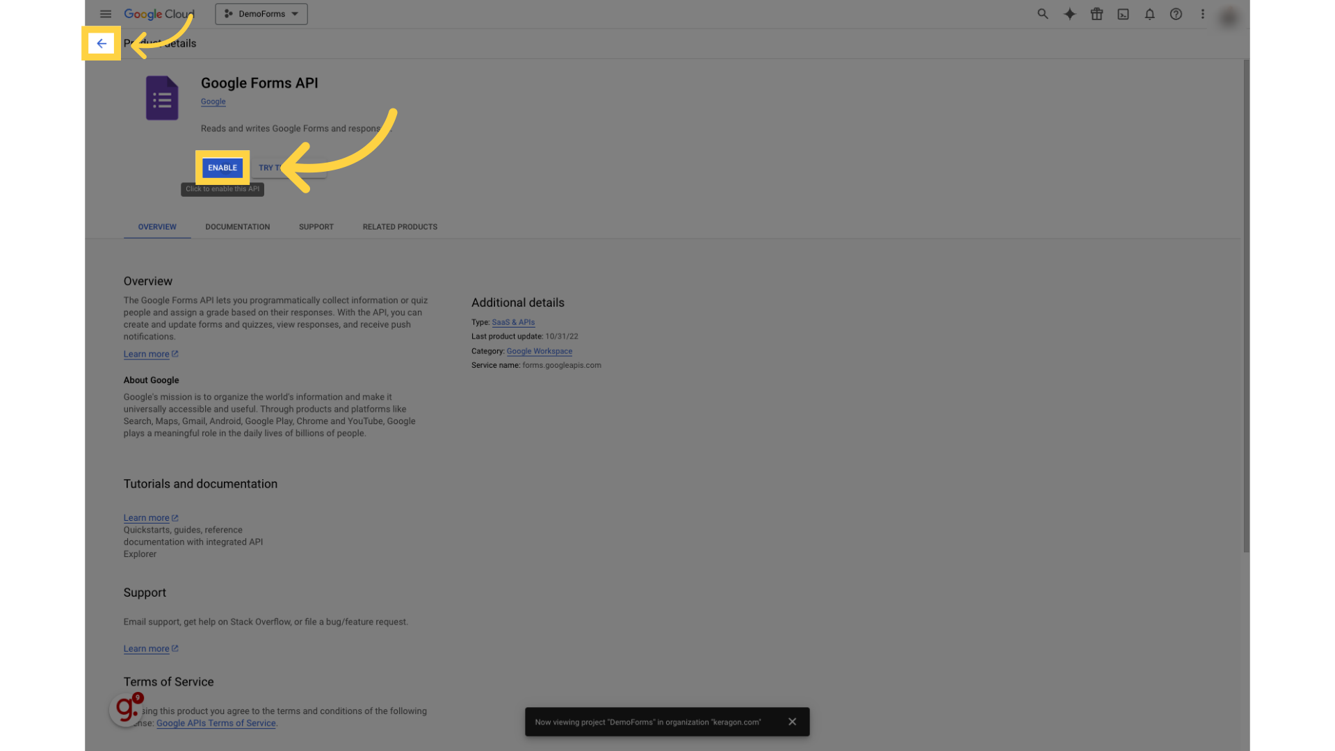 Enable Google Form API and navigate back