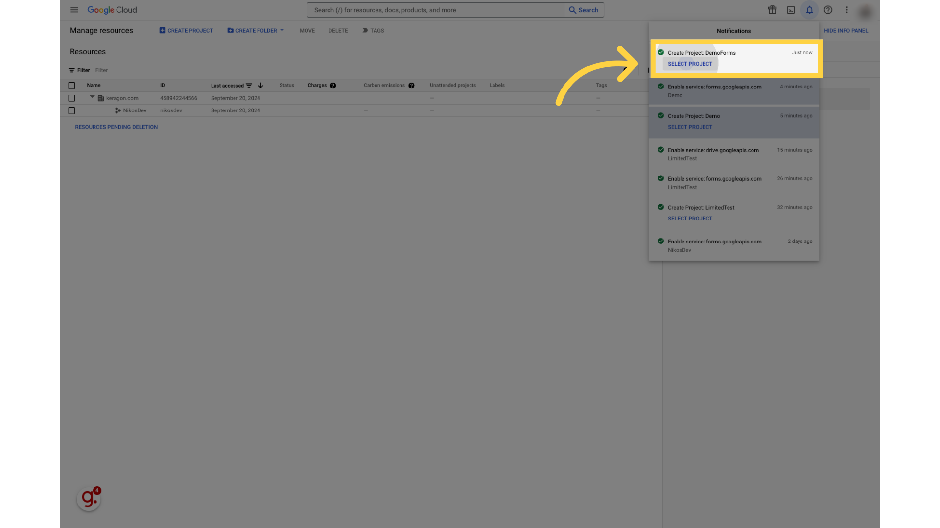 Select just created project
