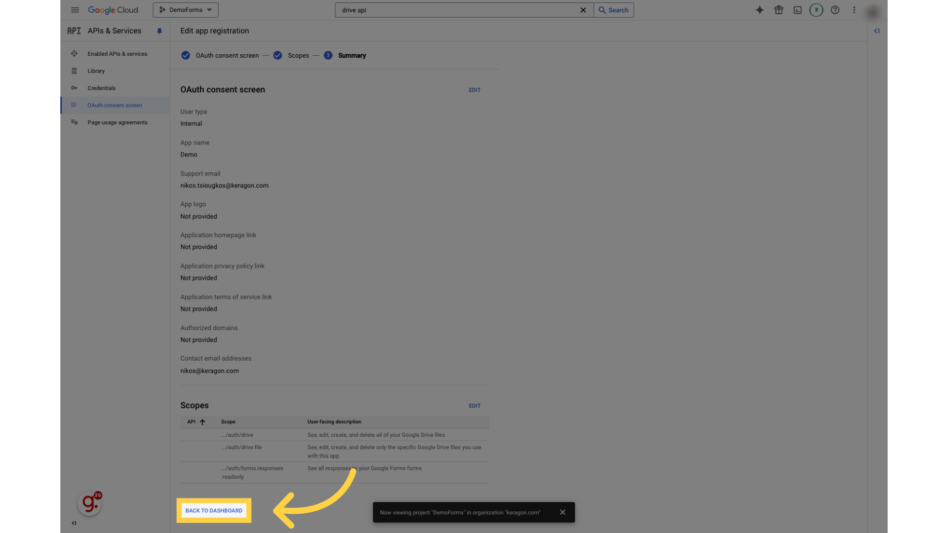 Click 'Back to dashboard'