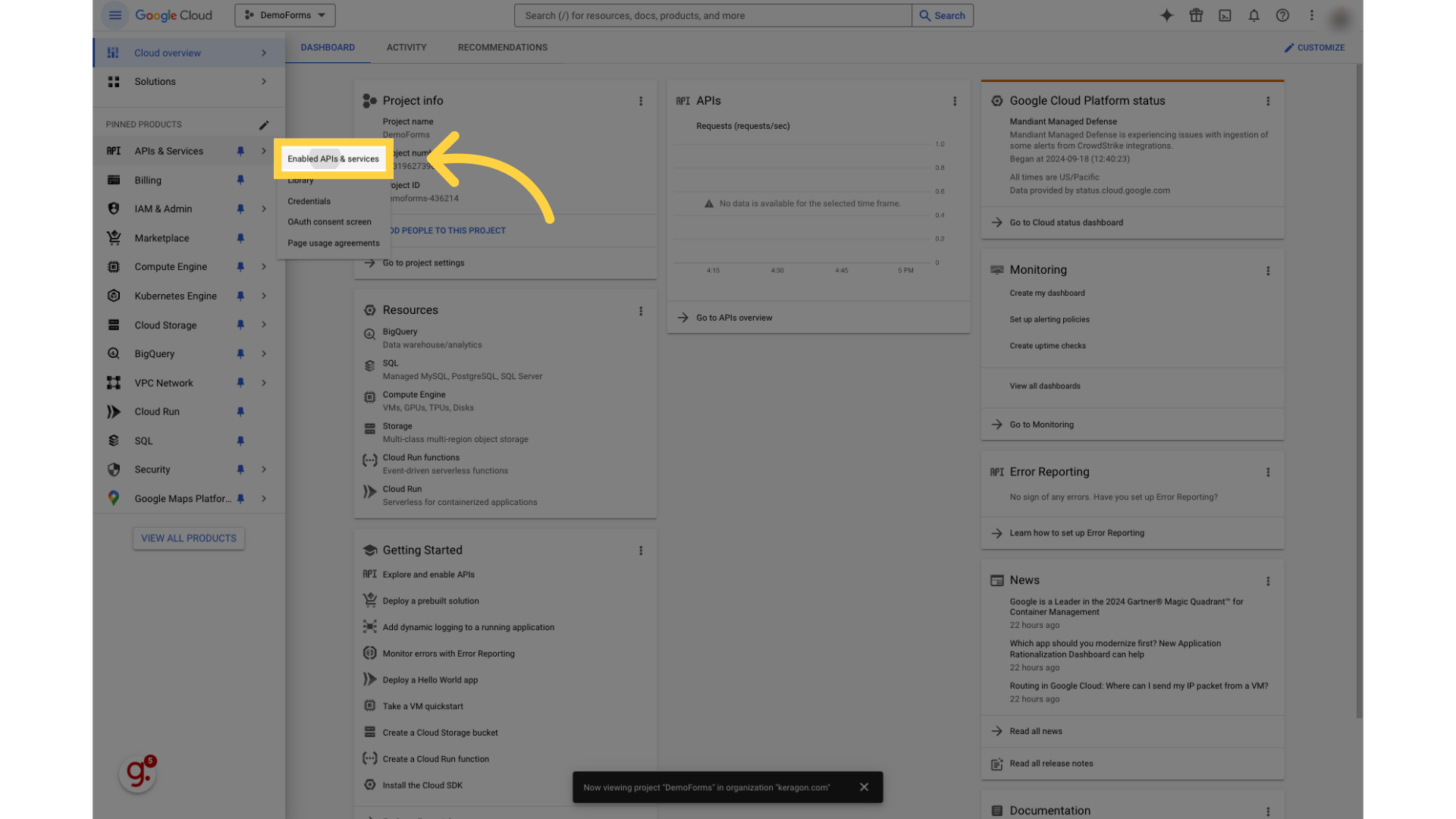 Click 'Enabled APIs & services'