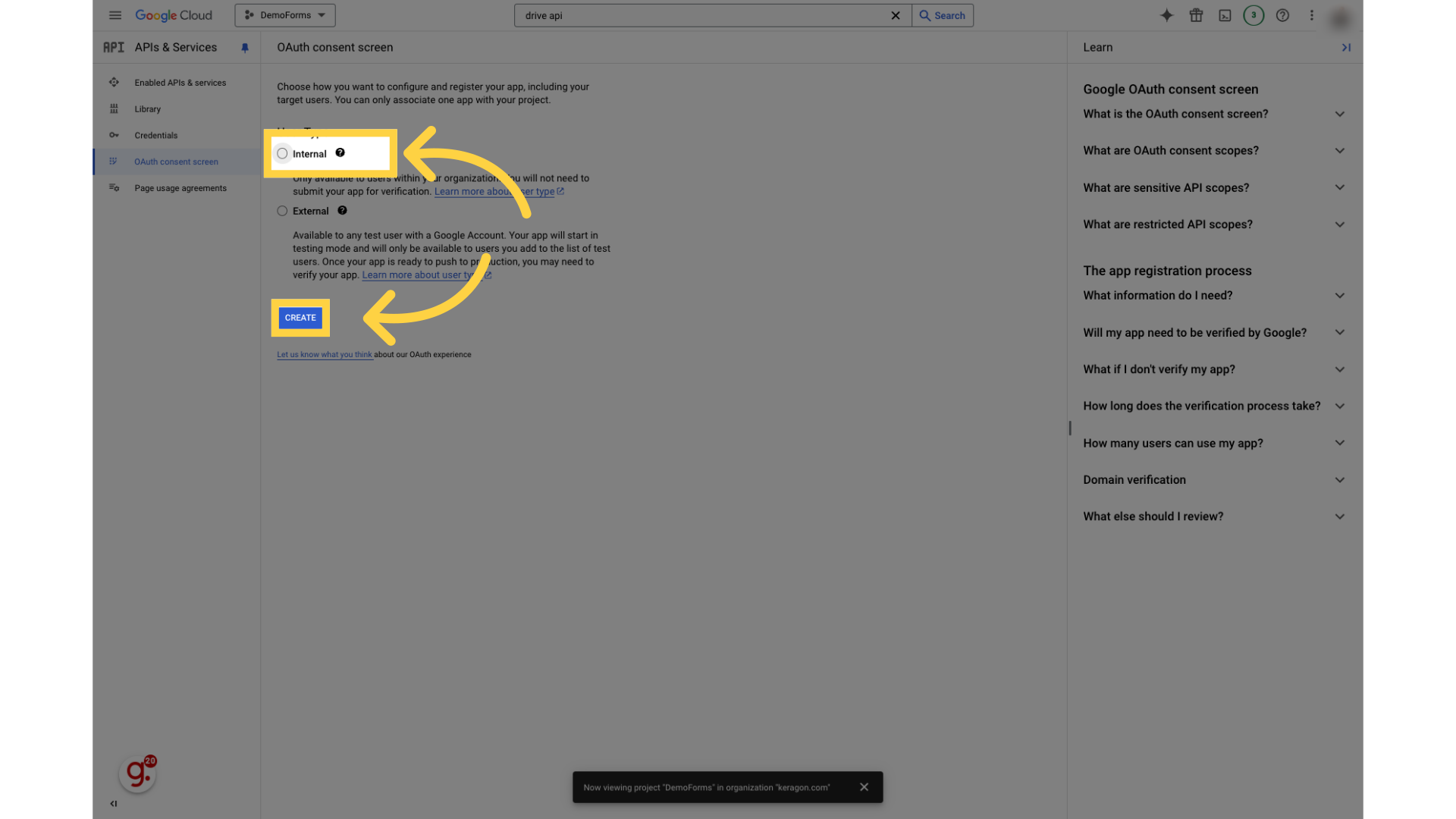 Select 'Internal' and click 'Create'