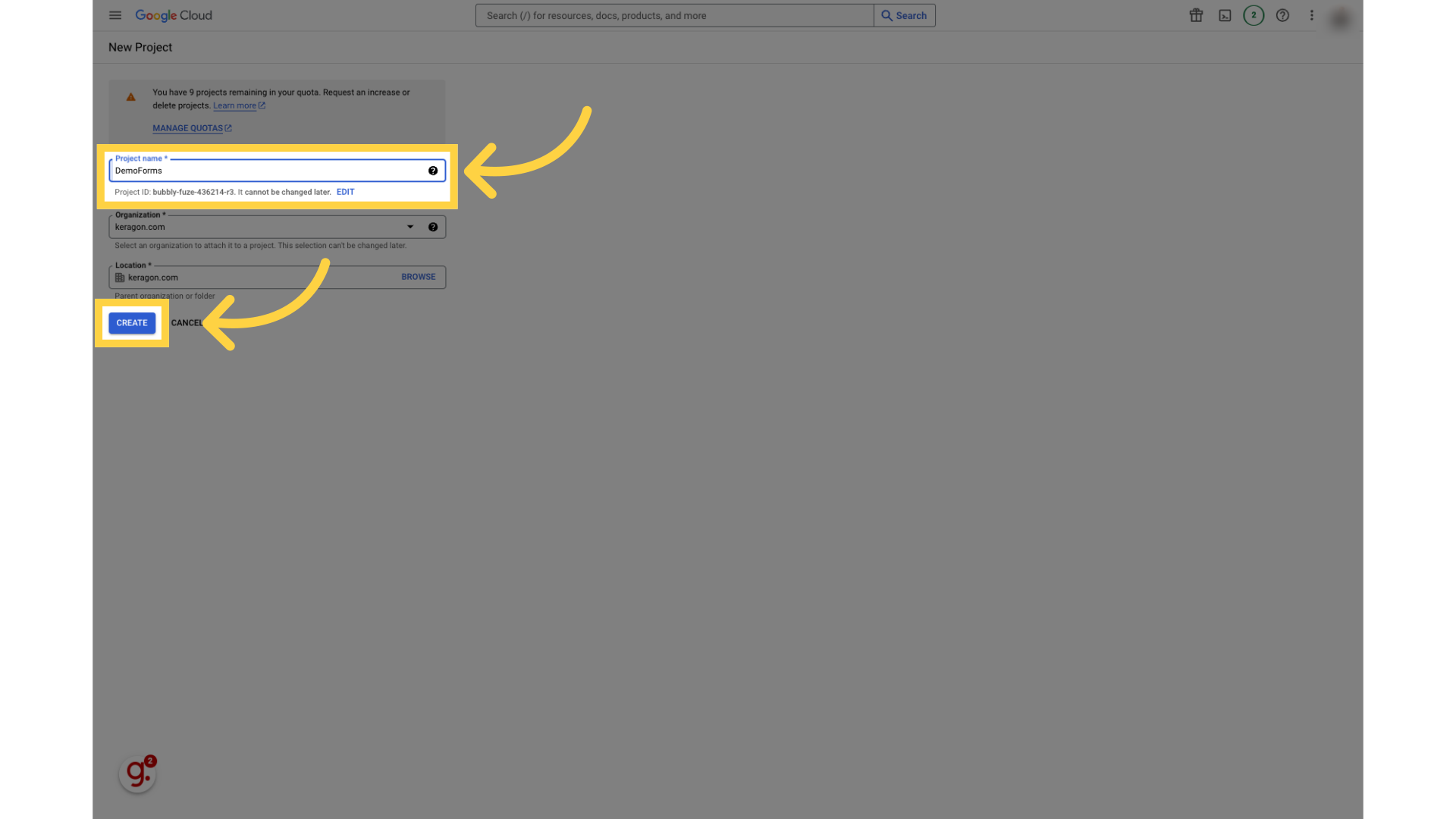 Fill Project name and click 'Create'