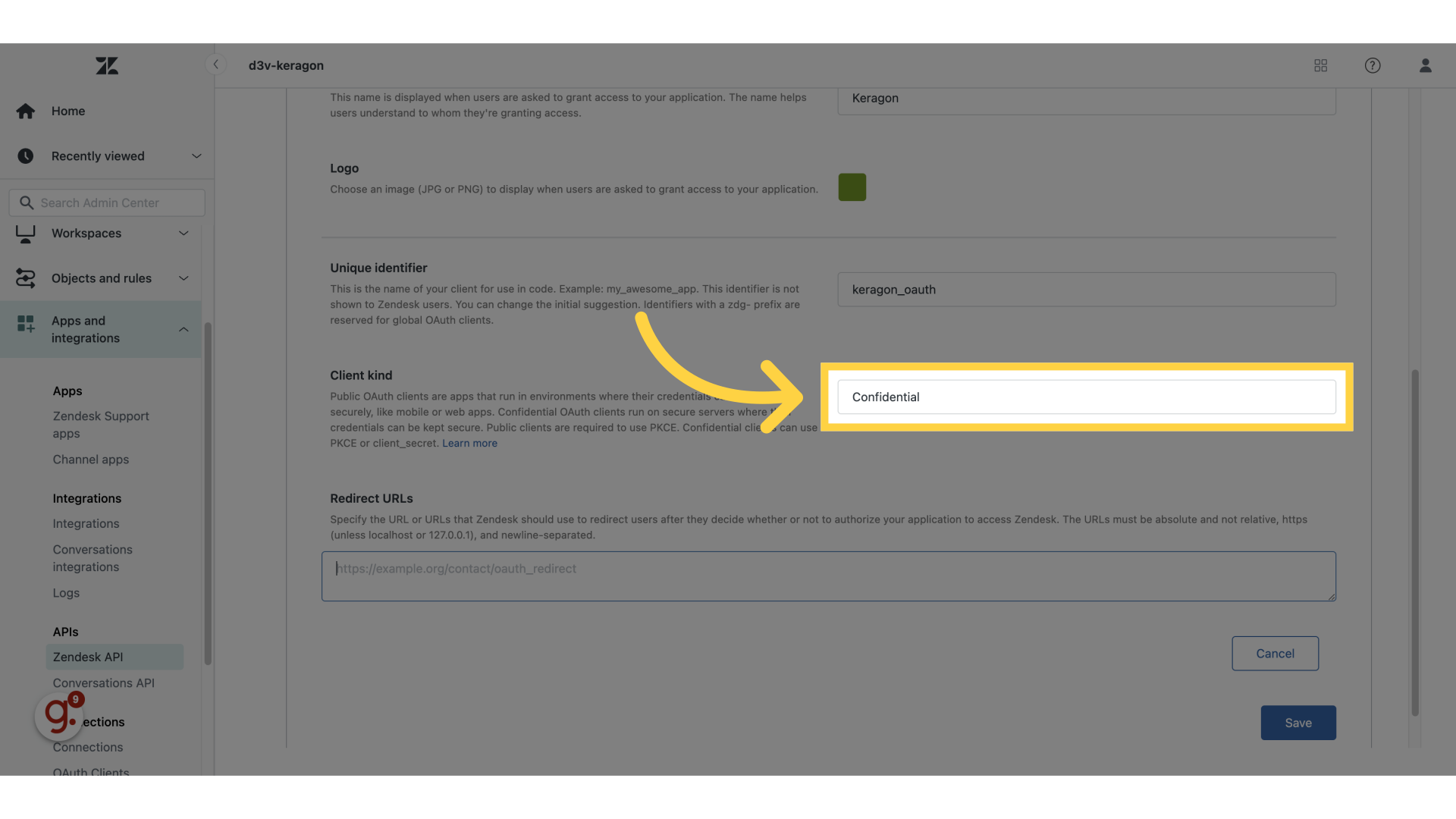 Select the Client kind to be 'Confidential'