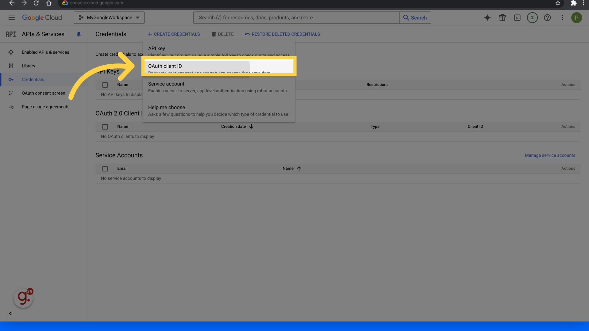 Click 'OAuth client ID'