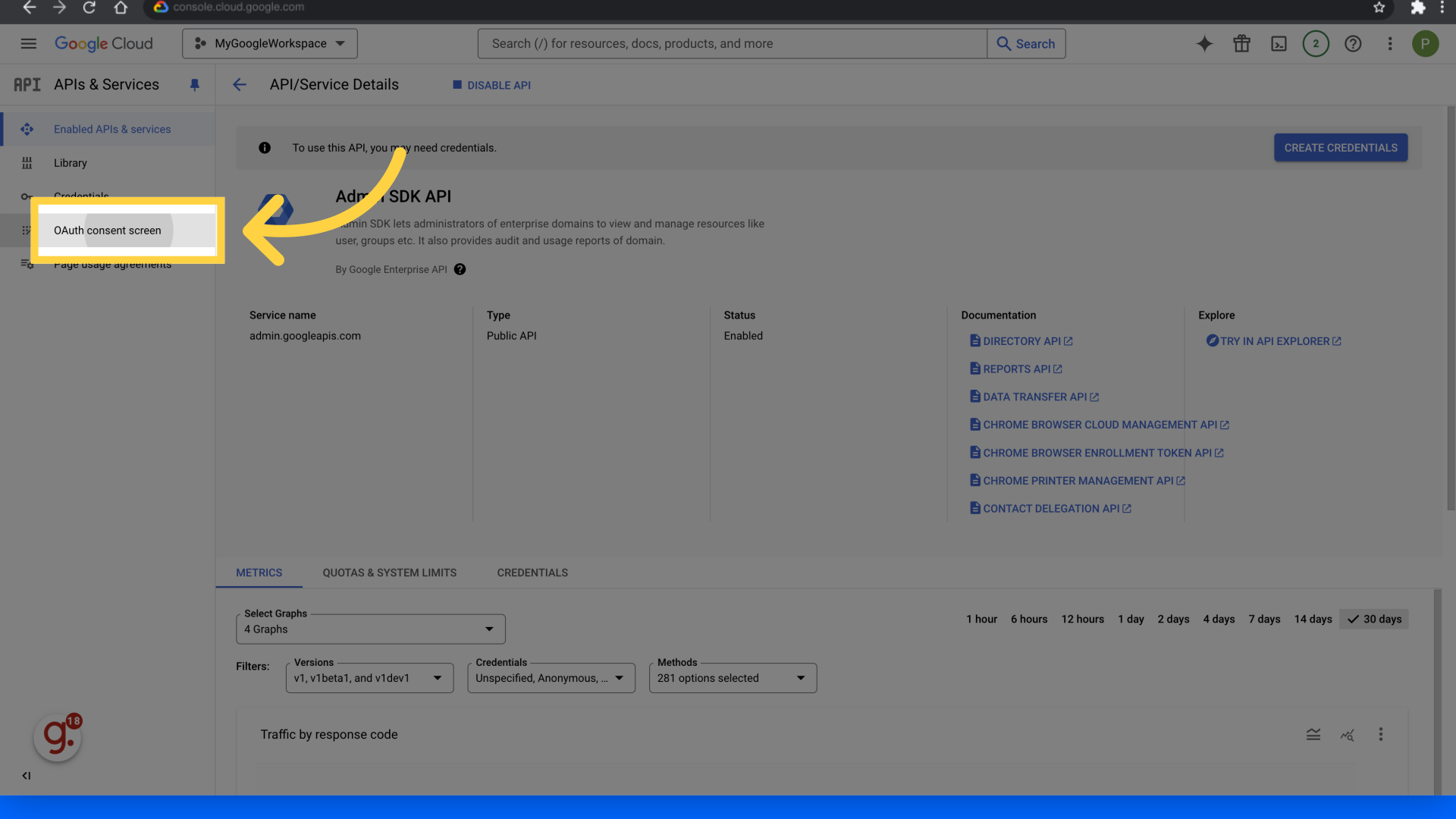 Click 'OAuth consent screen'