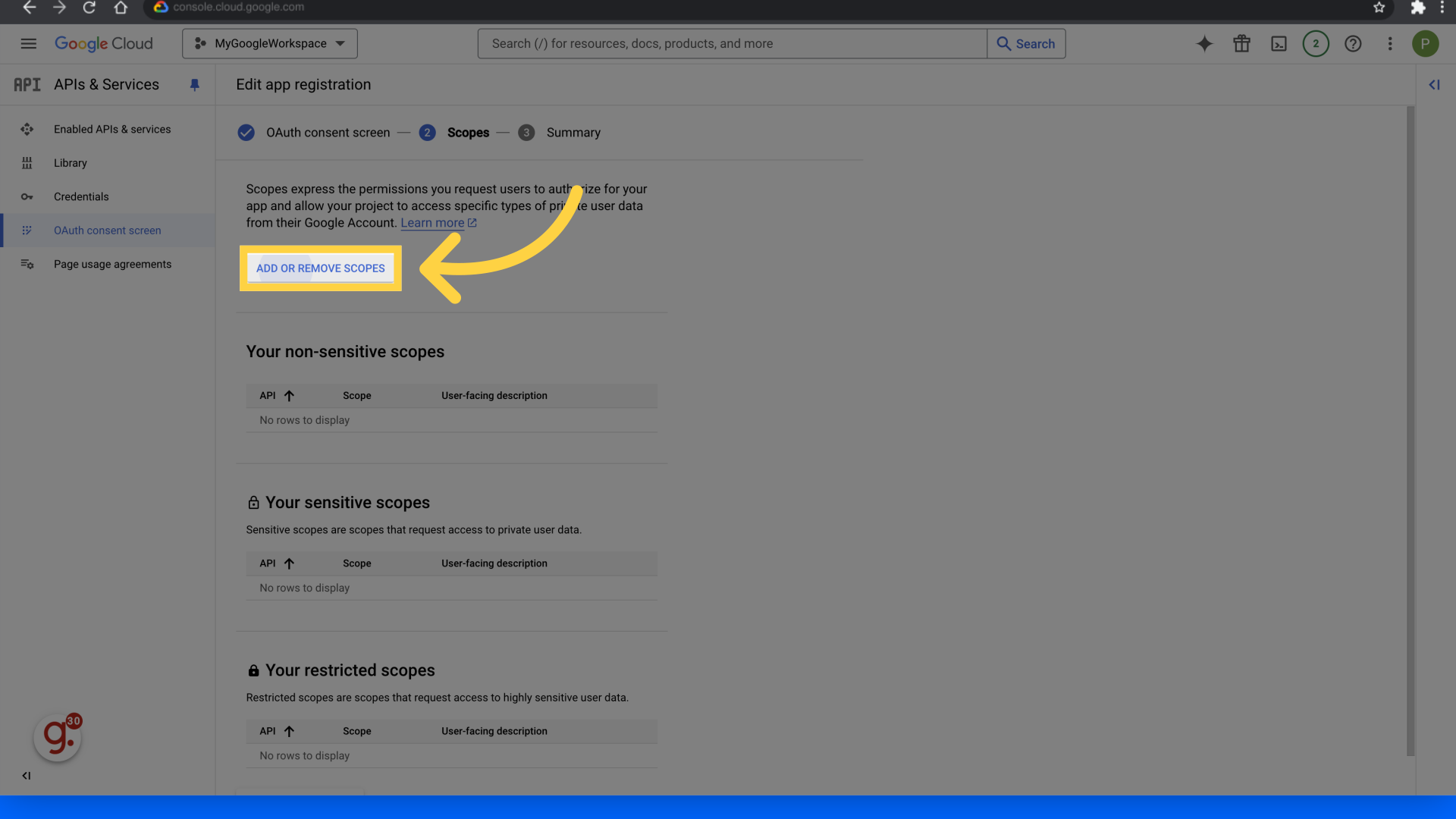 Click 'Add or remove scopes'