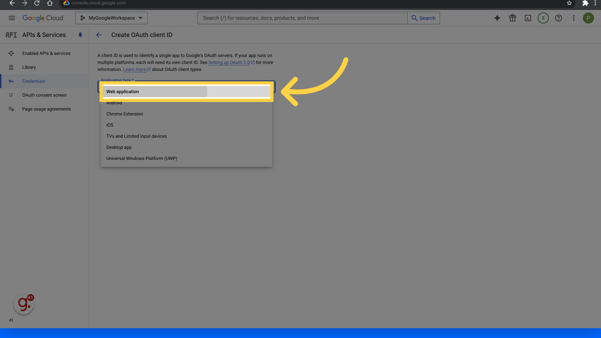 Click 'Web application'
