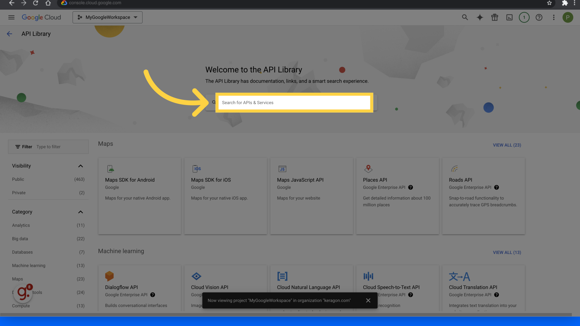 Click 'Search for APIs & Services'
