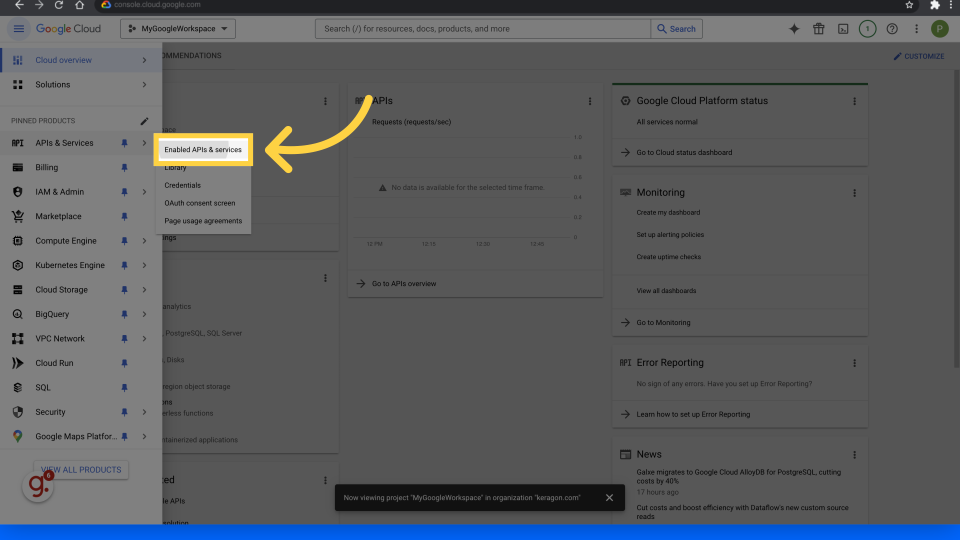 Click 'Enabled APIs & services'